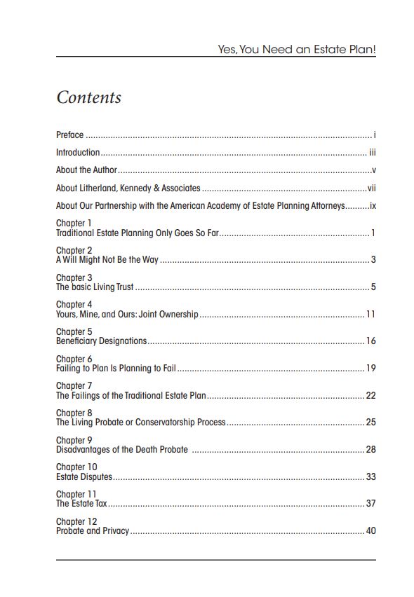 Yes, You Need an Estate Plan Book Table of content Page 1